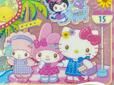 キティちゃんとマイメロ、ピアノちゃんはバス停でバスを待っています。夏の装いがかわいい！