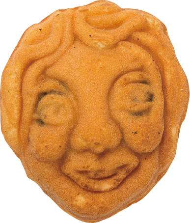 福面まん頭 1個170円｜おかめや福禄寿など面掛行列で使われるお面と同じく11種の形がある。｜力餅家