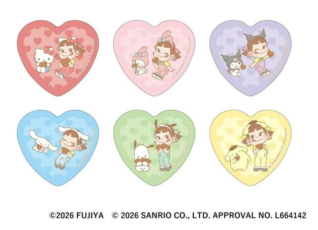 「PEKO×サンリオキャラクターズ トレーディングハート缶バッジ」＜価格：550円（税込）＞【「ペコちゃん×サンリオキャラクターズコラボPOPUP ブース」が初登場！「Peko Poko Chocolate Labo」あべのハルカス近鉄本店で開催！】