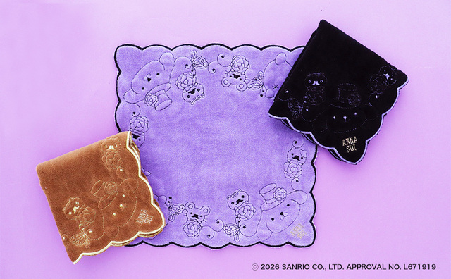 【ANNA SUI×ポムポムプリン】「刺繍タオルハンカチ」(1柄3色、各1,980円)/サイズ:約28cm×28cm