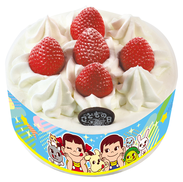「ペコちゃんポコちゃんの日 苺のショートケーキ」<価格:4,780円(税込)>【【不二家】GWは「ペットボトルカバープレゼントキャンペーン」開催!こどもの日のお祝いにぴったりなケーキも登場!】