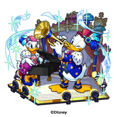 水属性 ★6「オーケストラ ドナルド＆デイジー（進化）」反射 / バランス型 / 種族：ミッキー＆フレンズ / アビリティ：アンチ重力バリア、魔封じ、アンチワープ（ゲージ） / ストライクショット：パワー・オブ・ミュージック（ふれた敵の数に応じて敵の攻撃ターン数を増加させる） / 友情コンボ：エナジーサークル L｜モンスターストライク