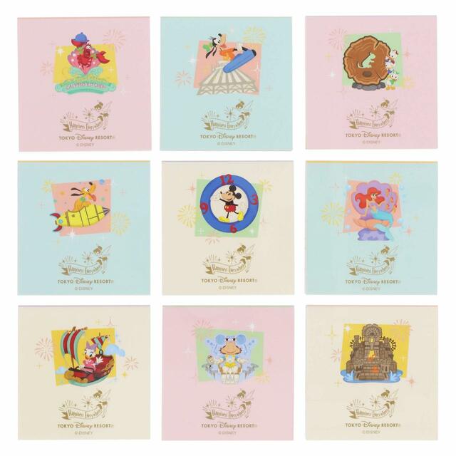 メモセット 1,600円｜サイズ：（1個あたり）縦約6×横約6cm、9個セット｜東京ディズニーリゾート パークをモチーフにしたカラフルなグッズ｜発売日：2023年6月15日（木）｜販売店舗：東京ディズニーランド「ホームストア」、東京ディズニーシー「ヴィラ・ドナルド・ホームショップ」