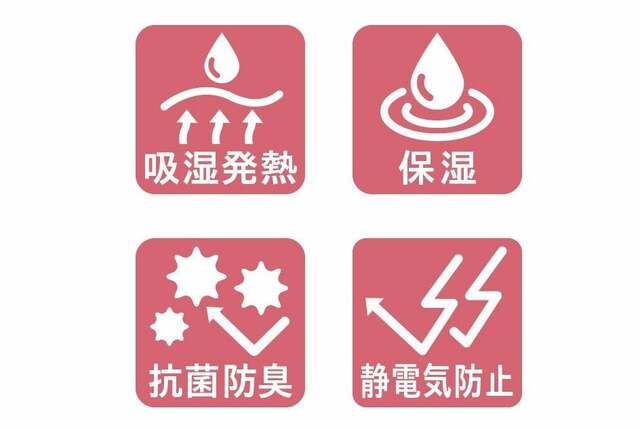 「メルトロ」の4つの機能（吸湿発熱・保湿・抗菌防臭・静電気防止）