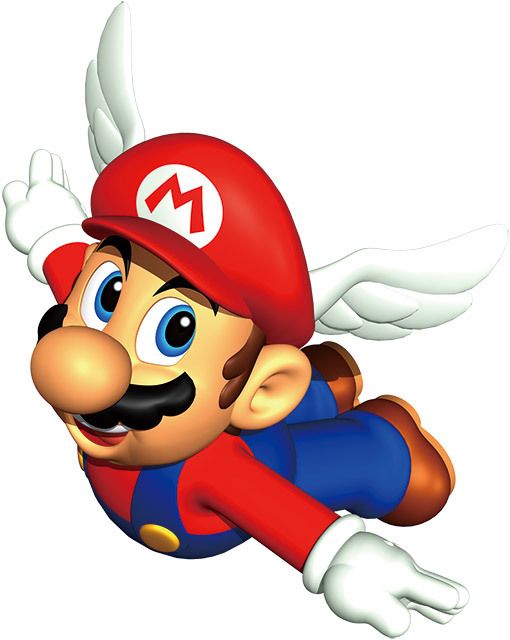 スーパーマリオ64／赤色のブロックに入っている羽根を取ると「羽根マリオ」に変身。グライダーのように空中を滑空できる。