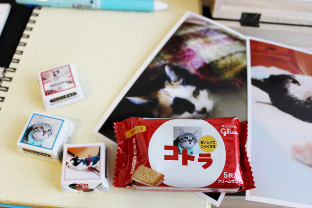 猫の写真と名前が入った、ビスコやチロルチョコのプレゼントも。もったいなくて食べられない……。（モリチカコ）