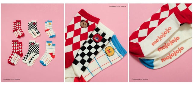 【mojojojo×BREEZE】「mojojojoソックス」(グリーン/オフホワイト/レッド、Size:10-12cm/13-15cm /16-18cm/19-21cm)660円、「mojojojoソックス(オトナ)」(グリーン/オフホワイト/レッド、22-24cm)770円