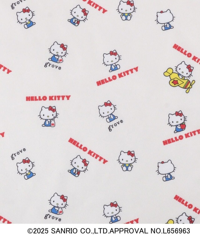 【grove×ハローキティ】バッグとポーチの裏地には、おすわりポーズや飛行機に乗ったハローキティをデザインしたオリジナル柄を使用