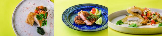 「左：阿波尾鶏　モモ肉のレモン焼き　中央：三元豚　肩ロース肉のスパイシーグリル　右：鱧のフリット　夏野菜のソース」【クロスホテル大阪が夏のランチビュッフェを開催】