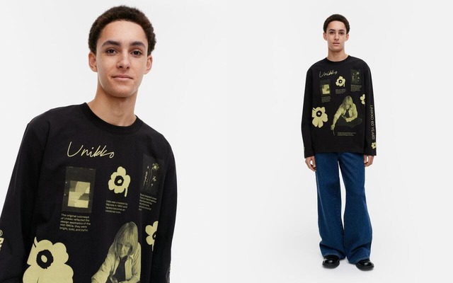 【マリメッコ「ウニッコ トリビュート」】カットソー ￥30,800　ウニッコにまつわるストーリーやビジュアルなどがコラージュ