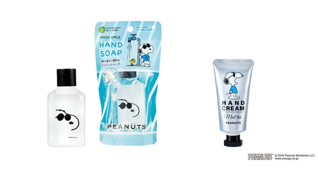 ピーナッツ　ミニハンドソープ　グリーンアップル　495円、ピーナッツ　ハンドクリーム　ミントティー　638円