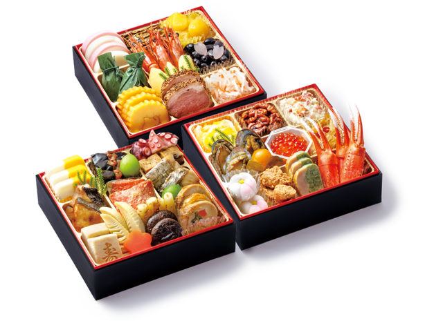「彩り三段重」＜価格：17,800円（税込）＞【【はま寿司】黒毛和牛に本ズワイ蟹！お食事券付き“プレミアムおせち”が登場！お得な“豪華おせち”ただいま予約受付中！】