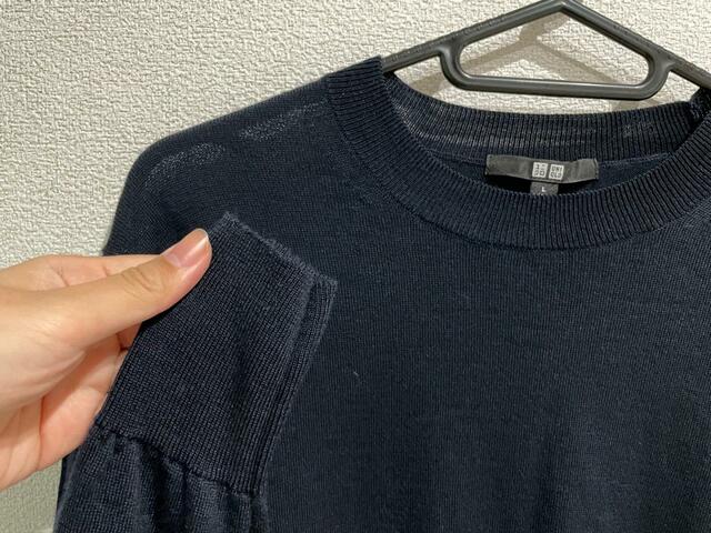 【UNIQLO（ユニクロ） エクストラファインメリノクルーネックセーター】洗濯1回目／襟元も手首部分もきれいです！