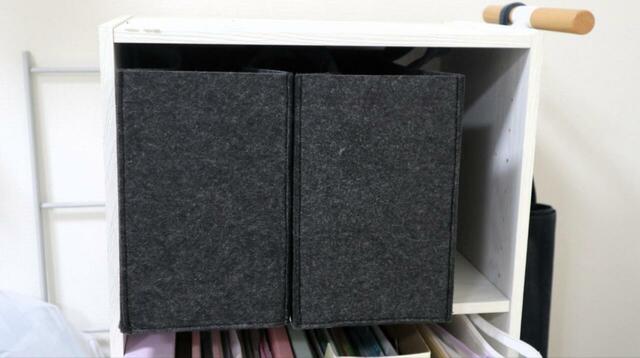 【無印良品 持ち運べるフェルトファイルボックス・ワイド】一般的なカラーボックス（縦置き）だと、2つ並べて横が少し余るサイズ感でした