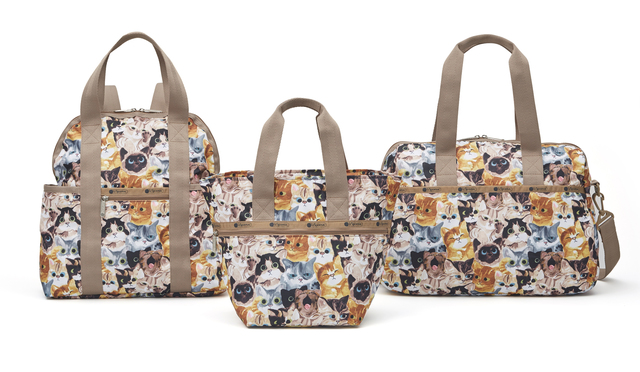 レスポートサック「Cat Café（キャットカフェ）」シリーズ　左：Double Trouble Backpack/H35×W33×D14cm 17,000円（税別）中：Small Elle Tote/H26×W34×D19cm 12,500円（税別）右：Harper Bag/H33×W42×D16cm 15,000円（税別）