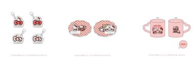 「(左から)ストローチャーム（ランダム4種）、アクリルスタンドコースター(全2種）、マグカップ」＜価格：税込660円/税込1,210円/税込2,200円＞【キティちゃんと可愛さ溢れるカフェでお祝い♪「ハローキティ50周年記念カフェ」が東京・大阪・愛知にオープン！】