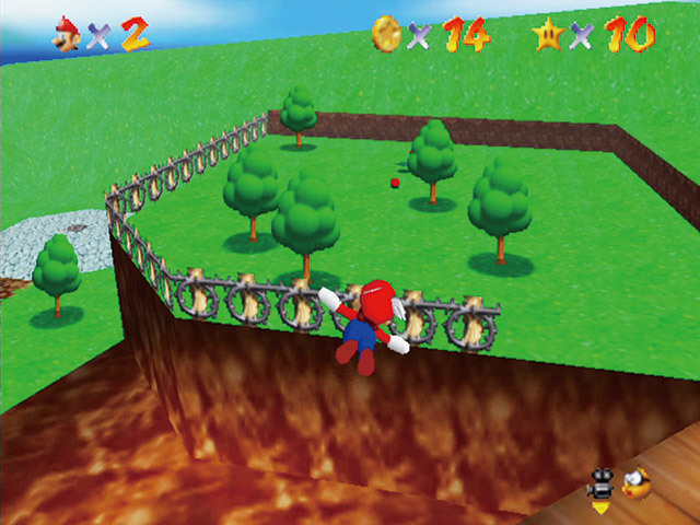 スーパーマリオ64／3段ジャンプで大空高く飛び上がり、そこからひゅーんと滑空していく。何度でも試したくなる気持ち良さだ。