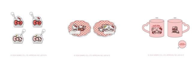 「(左から)ストローチャーム（ランダム4種）、アクリルスタンドコースター(全2種）、マグカップ」＜価格：税込660円/税込1,210円/税込2,200円＞【キティちゃんと可愛さ溢れるカフェでお祝い♪「ハローキティ50周年記念カフェ」が東京・大阪・愛知にオープン！】