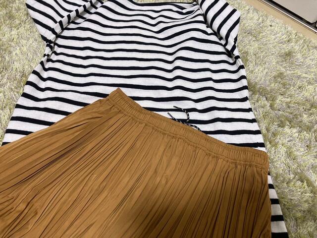 【ワークマン 撥水ランダムプリーツスカート レディースサーバーバスクシャツ】身体のラインがキレイに見えるコーデ