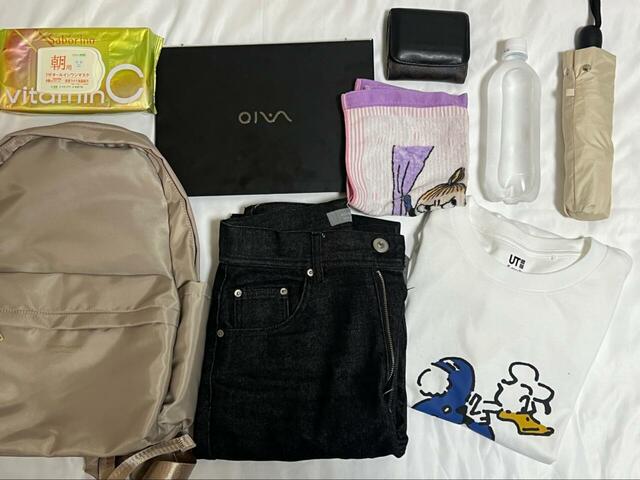 【ROPE’ PICNIC リサイクルポリエステルツイルリュック】ノートPC、Tシャツ、デニムパンツ、シートマスク、日傘、500mlペットボトル、財布、ハンドタオルを入れて少し余裕がありました!