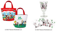 左：【銀座三越限定】＜スヌーピータウンショップ＞ 丸ミニトートバッグ 1,980円 （約W（上部）22.5×H16×丸底直径14cm）、右：【銀座三越限定】＜スヌーピータウンショップ＞ 記念パーティーグラス 1,760円 （約直径6.9×H12.9cm）■新館7階 催物会場　© 2023 Peanuts Worldwide LLC