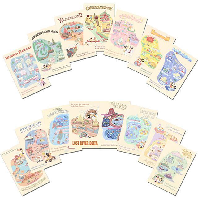 ポストカードセット 28,000円|ミッキーたちが楽しそうに巡っているパークのマップやアイコンをモチーフにしたグッズ|販売店舗:東京ディズニーランド「グランドエンポーリアム」、東京ディズニーシー「タワー・オブ・テラー・メモラビリア」|発売日:2024年7月11日(木)