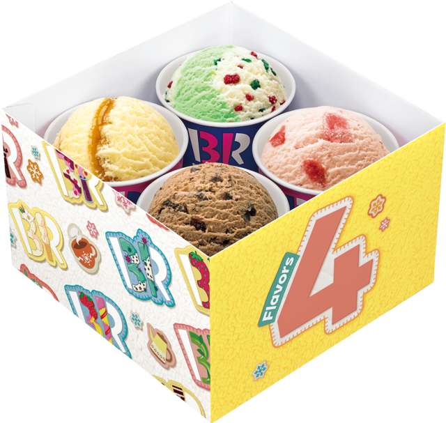 「冬限定デザイン「バラエティボックス」4個入り」＜価格：スモール4コ：1,280円（税込）\レギュラー4コ：1,680円（税込）＞【サーティワンに「トムとジェリー」が初登場！お正月スペシャルセットに“トムの顔アイス”付き限定ハッピーフレンズも！】