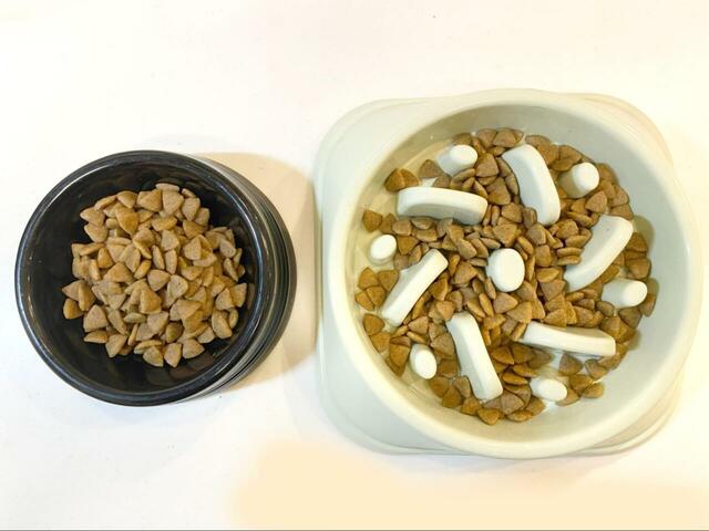 【Life Runne 早食い防止ボウル】普段使っている食器と早食い防止ボウルに同量のごはんを入れてみました。見た目の印象がずいぶん違います