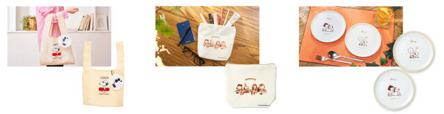 「（画像左）オリジナルエコバッグ／（画像中）オリジナルポーチ（画像右）オリジナルプレート2枚セット」＜価格：（左）980円（税込 1,078円）/（中）580円（税込 638円）/（右）980円（税込 1,078円）＞【【ジョイフル×ピーナッツ】コラボメニュー第2弾！“パンケーキタワー”も“ドライカレー”も可愛さ＆ボリューム満点！】