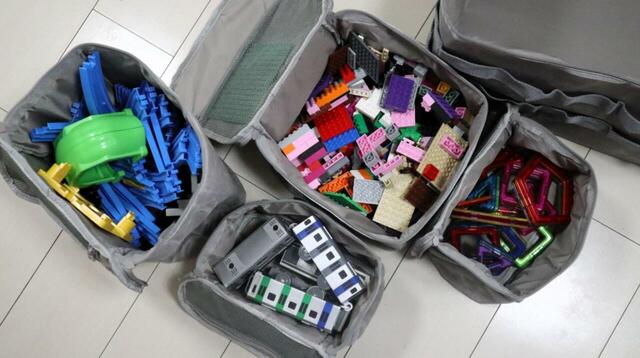 【ワークマン パラフィン帆布スタッキングストレージ 5点セット】内側にクッションがあるので、ブロックおもちゃを入れても移動時にガチャガチャしません