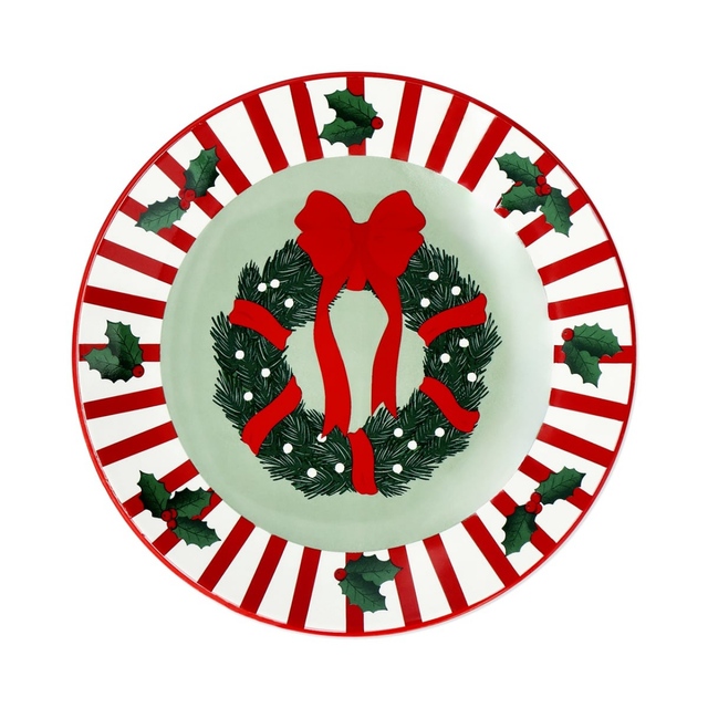 【フライングタイガー】プレート 440円/リボンのついたクリスマスリースが描かれたプレート