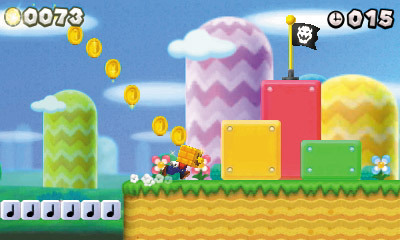 New スーパーマリオブラザーズ 2／ゴールドブロックをかぶって走ることで、コインが大量に飛び出す。