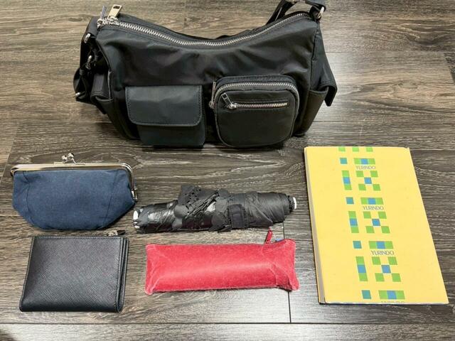 【GU アウトポケットショルダーバッグ+E】ポーチ、財布、折りたたみ傘、ペンケース、文庫本が入りました！