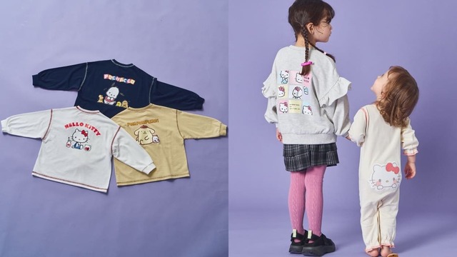 【サンリオキャラクターズ×and ST／PAIR MANON】【ハローキティ】【ポムポムプリン】【ポチャッコ】ユニセックス バックプリント 長袖Tシャツ（KIDS）全3種 2,000円、【ハローキティ】【マイメロディ】【クロミ】ガールズ フリル裏毛スウェット（KIDS）全3種 3,000円、【ハローキティ】【マイメロディ】【クロミ】 ぷっくりおしりワッペン ベビーロンパース（BABY）全3種 2,295円