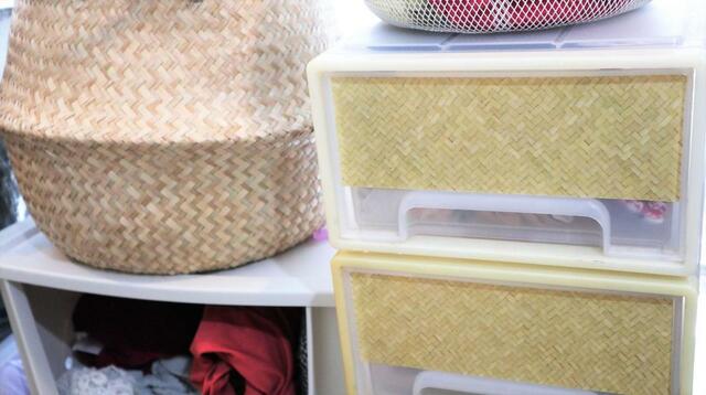 【ダイソー mtリメイクシート】ケースの隣にあるカゴとリンクさせた柄に