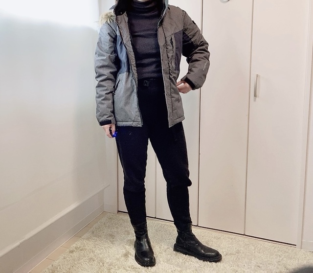 【ワークマン DIAMAGIC DIRECT(R)GRAMITECH(ディアマジック ダイレクトグラミテック)綿防風防寒2WAYジャケット】パンツ、ショートブーツと合わせたスタイリッシュコーデに