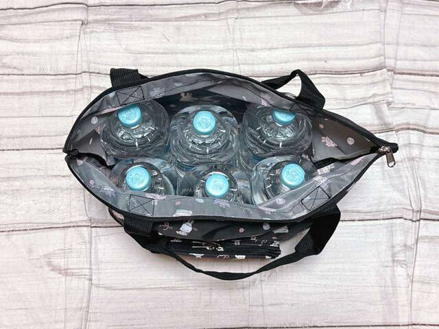 サイズ：（約）縦40×横47×マチ13cm。2Lペットボトルが6本収納可能