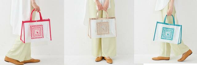 【紀ノ国屋 クリアミディアムバッグ】ピンク、シャンパンピンク、ライトブルーの3色。横型で安定感あり◎