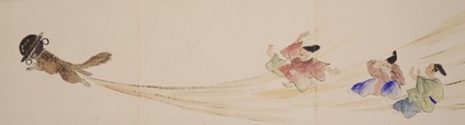 【いきもののかたちー一橋徳川家資料のどうぶつたちー】「狸図絵巻」当館蔵（一橋徳川家記念室）／釜を頭にかぶった狸のお尻から勢いよく屁が飛び出る様子を描いた絵巻