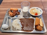 【横須賀海軍カレー本舗ベイサイドキッチン】海上自衛隊のトレーにカレーや空上げなどの料理を盛りました