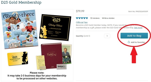 D23は商品ページから申し込む。「Add to Bag」は何度もクリックしてしまうと、複数注文してしまうことになるので、注意が必要。