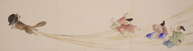 【いきもののかたちー一橋徳川家資料のどうぶつたちー】「狸図絵巻」当館蔵（一橋徳川家記念室）／釜を頭にかぶった狸のお尻から勢いよく屁が飛び出る様子を描いた絵巻