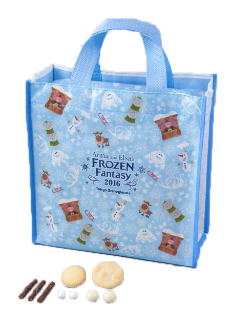 菓子詰め合わせ ¥900 ※内容量 おせんべい（しお味）30g（標準12枚）、ホワイトチョコクッキー18g×2袋、ラムネ6g×2袋、ビスケットボール（チーズケーキ風味）6g×2袋、パフチョコレート16本（4本×4袋）｜TDL「アナとエルサのフローズンファンタジー」2016