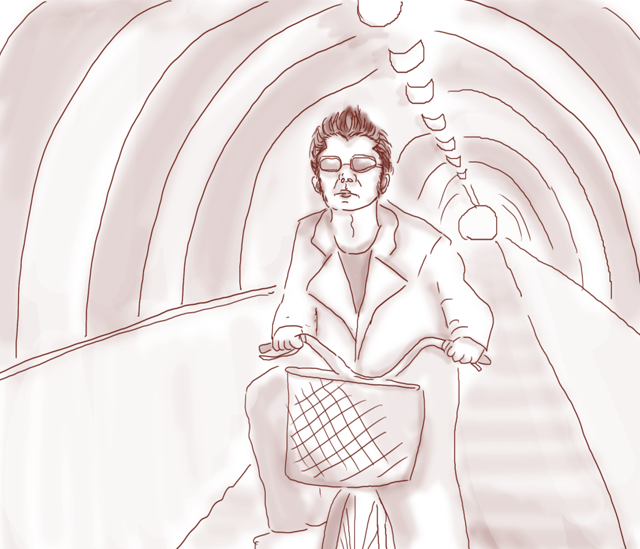 長いトンネルの中でママチャリを漕ぐマイク（ドラマ再現イラスト：ナリタノゾミ）