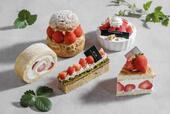 写真左上より時計回り:ストロベリーシュークリーム、ベイクドレアチーズケーキ 苺添え、フレジェ、アーモンドケーキフレーズ、苺のロールケーキ