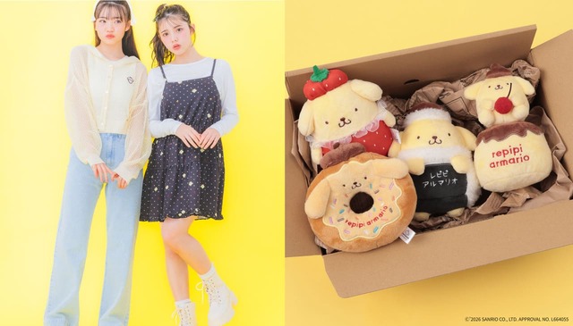 【サンリオ】repipi armario／【ポムポムプリン】メッシュニットフーディ 全2カラー　5,390円、【ポムポムプリン】2Pキャミワンピ【ロンTセット】 全2カラー　6,490円、【ポムポムプリン】たべものマスコットチャーム 全4種類　1,980円