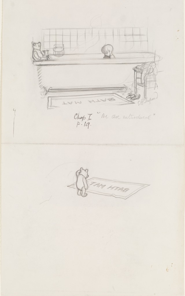「おふろにはいるクリスロファー・ロビン」、『クマのプーさん』第1章、E.H.シェパード、鉛筆画、1926年、V&A所蔵