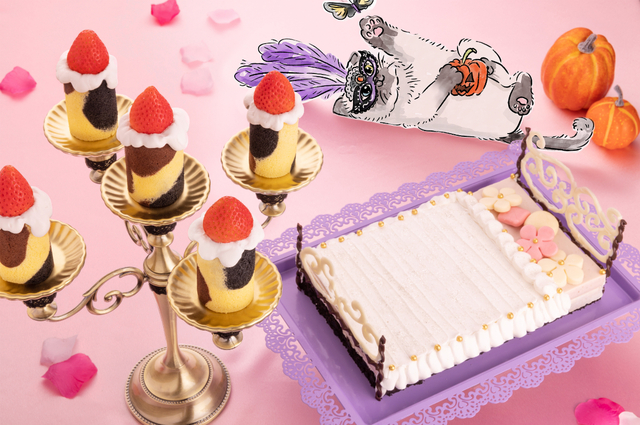 「猫もぐっすり　イチジクのふわふわベッドムース（写真右）、三毛猫柄のろうそくピスタチオロールケーキ（写真左）」、＜大人4,700円＞【Meow Halloween Party】