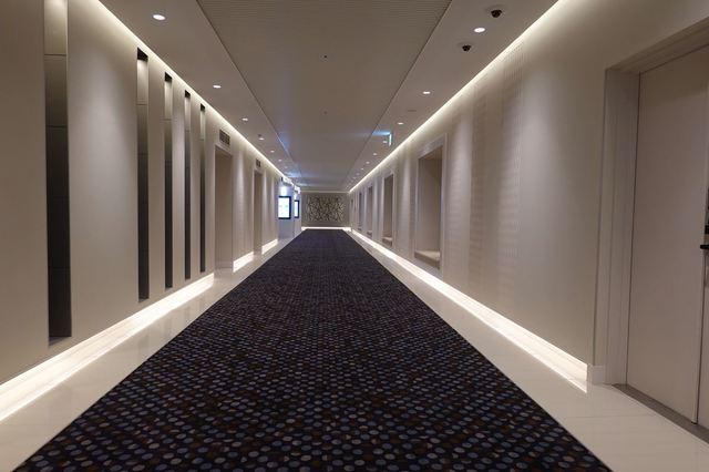 左右対称のシンプルな廊下。キューブリック監督作を彷彿させる美しいデザイン