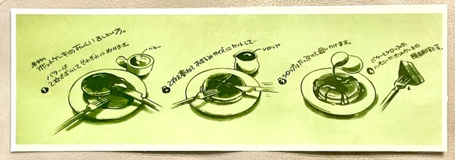 【ホットケーキパーラーフルフル赤坂店】万惣が使っていた、ホットケーキのおいしい食べ方のイラスト